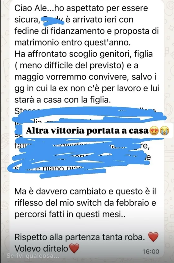 Messaggio di una persona seguita da Alessia